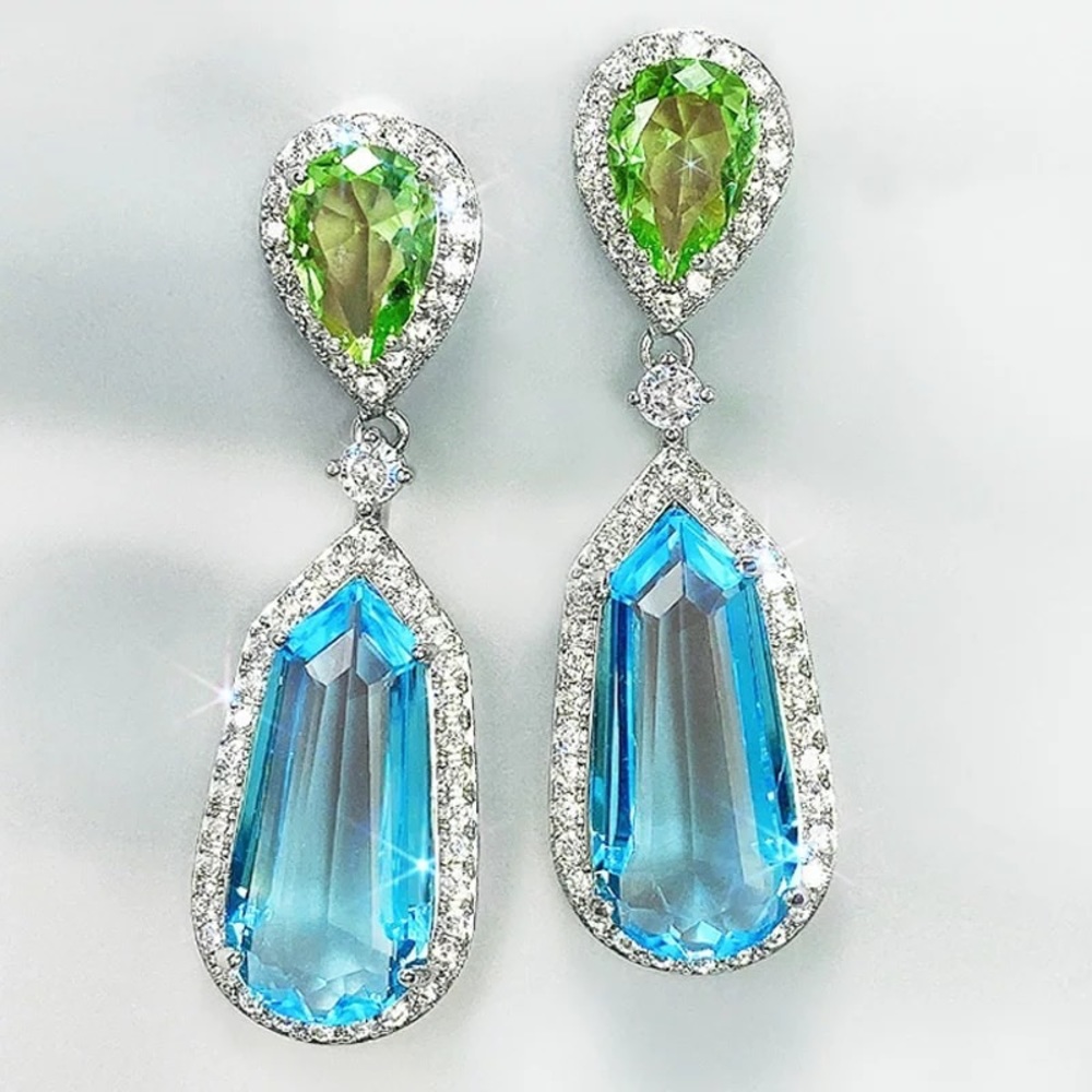 Luxury Long Dangle Tear Drop Earrings Big Gem Crystals Diamond Halo Round
